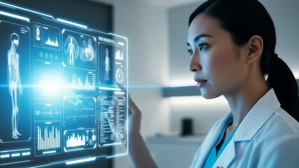 Analyzing Medical Data: Focused Asian Doctor Using Futuristic Interface for Healthcare