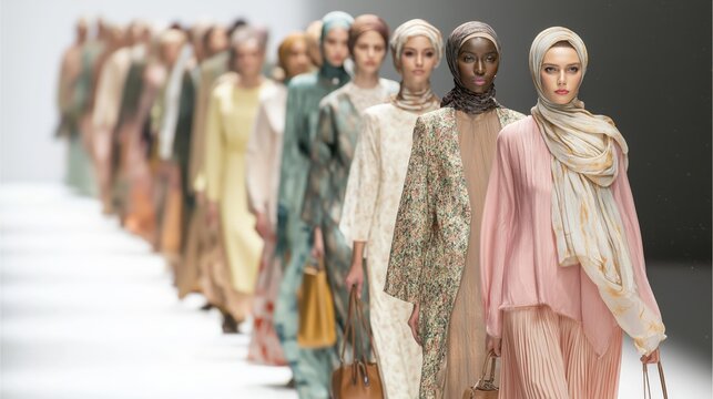 A fashion runway featuring models in elegant, modest clothing, showcasing diverse designs and styles, emphasizing contemporary modest fashion.