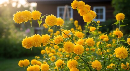 Golden Kerria Japonica Blooms in a Sunny Garden Setting.