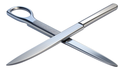 Sleek Metallic Office Tools: Modern Letter Opener & Scissors Crossed on Black Background