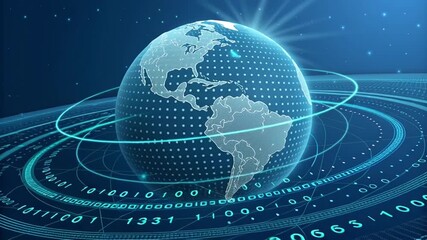 Cyber security digital earth and globe with binary code, technology network protection, glowing rings, futuristic elements, secure data systems, global cyberspace, and information security connection - Powered by Adobe