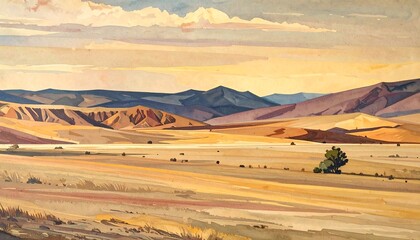 A watercolor painting of a vast, arid landscape with distant mountains and a cloudy sky. The foreground shows dry grasses and scrub