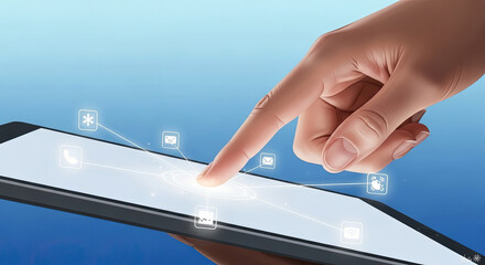 Digital Tablet Interface: Hand Touching Screen with App Icons. Modern Technology and Communication Concept. Perfect for UI/UX Design and Marketing Use