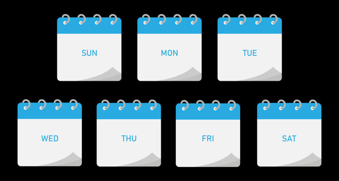 Spiral binding seven days calendar demo | Seven days planning calendar diagram with empty space for text with blue header on black background