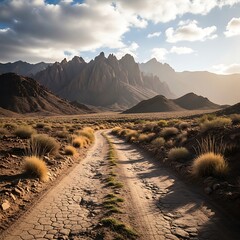 Desert Road Leading to Majestic Mountains Under a Cloudy Sky.
