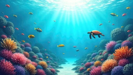 Obraz premium A vibrant underwater scene is depicted, showcasing a diverse coral reef teeming with colorful fish and a graceful sea turtle.