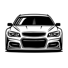 Monochrome illustration of a car front view, headlights and grill detailed