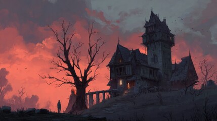 haunted mansion on hill at sunset,