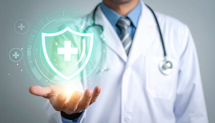 Doctor presenting glowing health shield hologram offering protection and assurance for modern medicine and innovative wellness solutions online today
