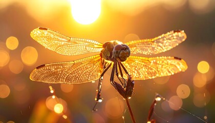 Close-up of a dragonfly with water droplets, illuminated by golden sunlight, with bokeh in the background