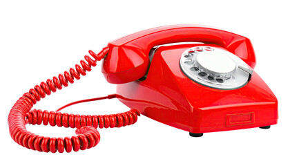 Bright red, vintage rotary telephone on black background, angled, coiled cord visible