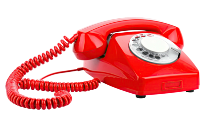 Bright red, vintage rotary telephone on black background, angled, coiled cord visible