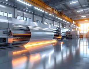 Metallic coil processing in a well-lit, spacious factory