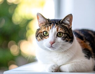 Close-up of a calico cat gazing intently, with soft background bokeh