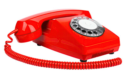 A classic red rotary phone isolated on a transparent background