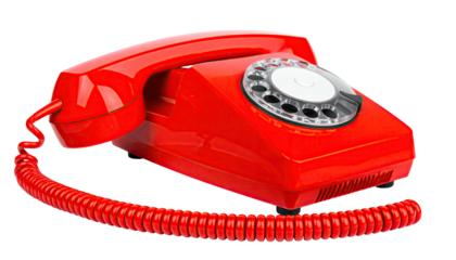 A classic red rotary phone isolated on a transparent background