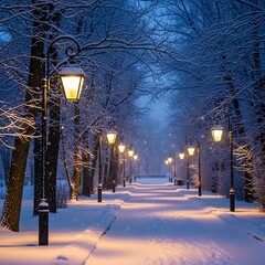 Snowy Path Illuminated by Lanterns in Winter Wonderland.