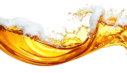 Golden liquid with frothy foam, splashing and creating a wave on black