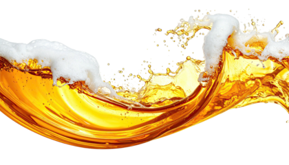 Golden liquid with frothy foam, splashing and creating a wave on black
