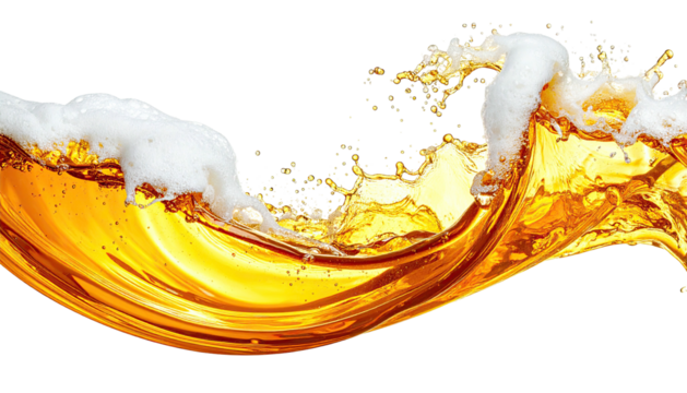 Golden liquid with frothy foam, splashing and creating a wave on black