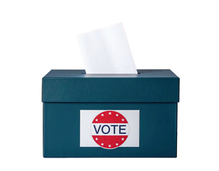 A teal ballot box with a "Vote" sticker, and a paper ballot inserted
