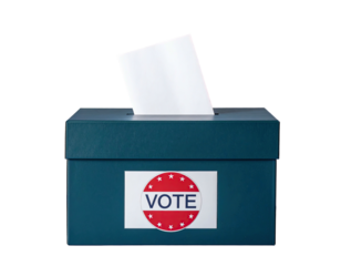 A teal ballot box with a "Vote" sticker, and a paper ballot inserted