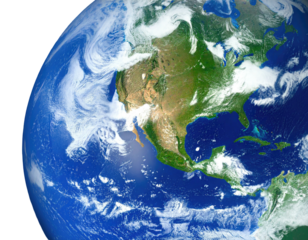 A digital rendering of Earth with North America in view, surrounded by clouds