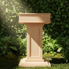 Wooden Lectern in Lush Garden Setting - A Symbol of Knowledge.