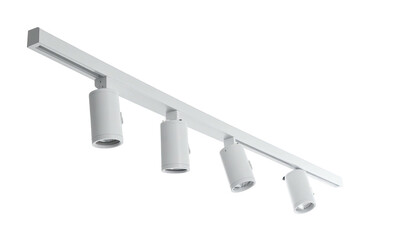 White track lighting fixture with four adjustable spotlights against black background