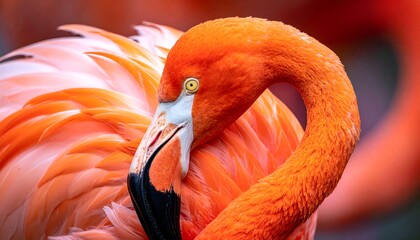 Close-up portrait of a vibrant, pink flamingo with its neck curved, showcasing its feathers and eye. The focus is on the bird