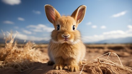 A Fluffy Young Cottontail Rabbit Sits Alertly in a Dry, Arid Landscape with a Blue Sky Overhead