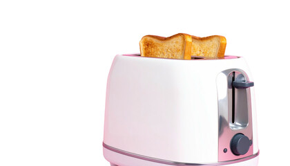 White toaster with two slices of golden-brown toast popping up against a black background