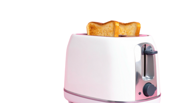 White toaster with two slices of golden-brown toast popping up against a black background