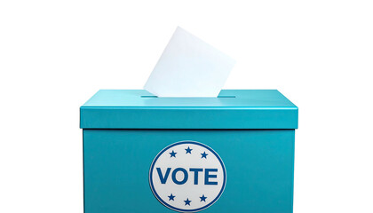 A blue box, a slot receives a white ballot, with a "VOTE" symbol