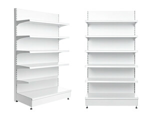 Two empty white retail shelves displayed side-by-side, perfect for product placement