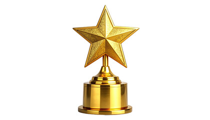 Shiny gold star award trophy stands tall with a detailed base, isolated on black