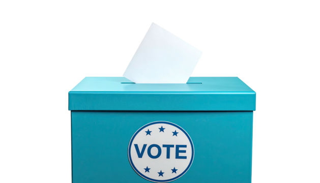 A blue box, a slot receives a white ballot, with a "VOTE" symbol