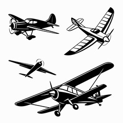 Vector art of set of vintage airplanes in black and white style