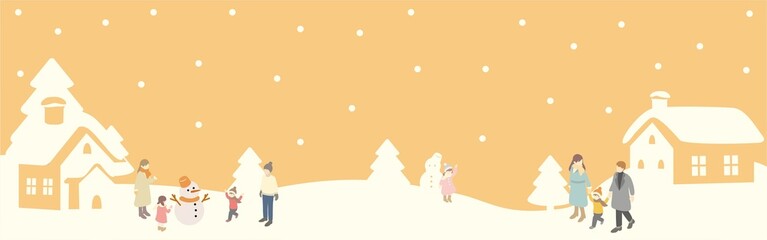 Isometric Winter Town Landscape with Snowflakes and People Playing