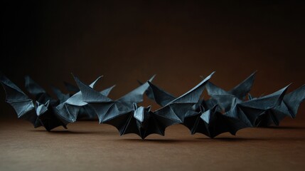 a swarm of black origami bats