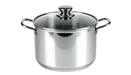 Shiny stainless steel cooking pot with glass lid and looped handles, isolated