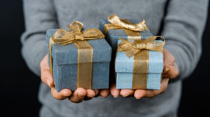 Hands offering small blue gift boxes,