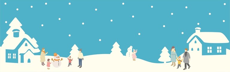 Isometric Winter Town Landscape with Snowflakes and People Playing