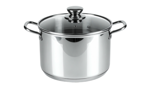 Shiny stainless steel cooking pot with glass lid and looped handles, isolated