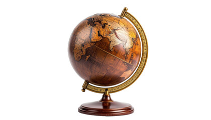 Wooden globe with golden meridian and stand, depicting continents and oceans, isolated