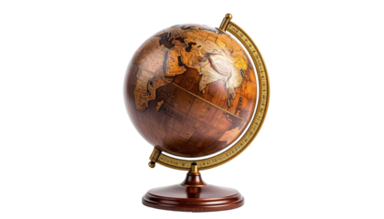 Wooden globe with golden meridian and stand, depicting continents and oceans, isolated