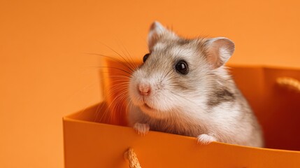 cute hamster peeking from orange bag,