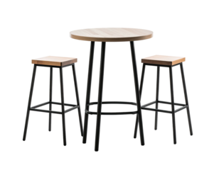 A small round wooden table and two matching stools set against a black background