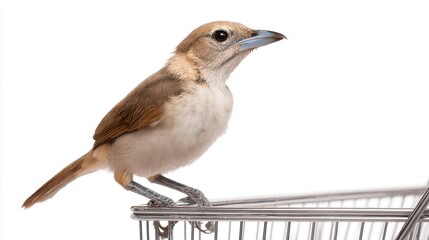 brown bird perches on shopping cart
