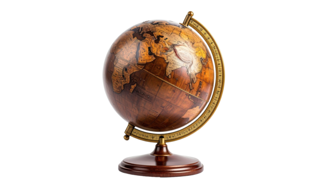 Wooden globe with golden meridian and stand, depicting continents and oceans, isolated